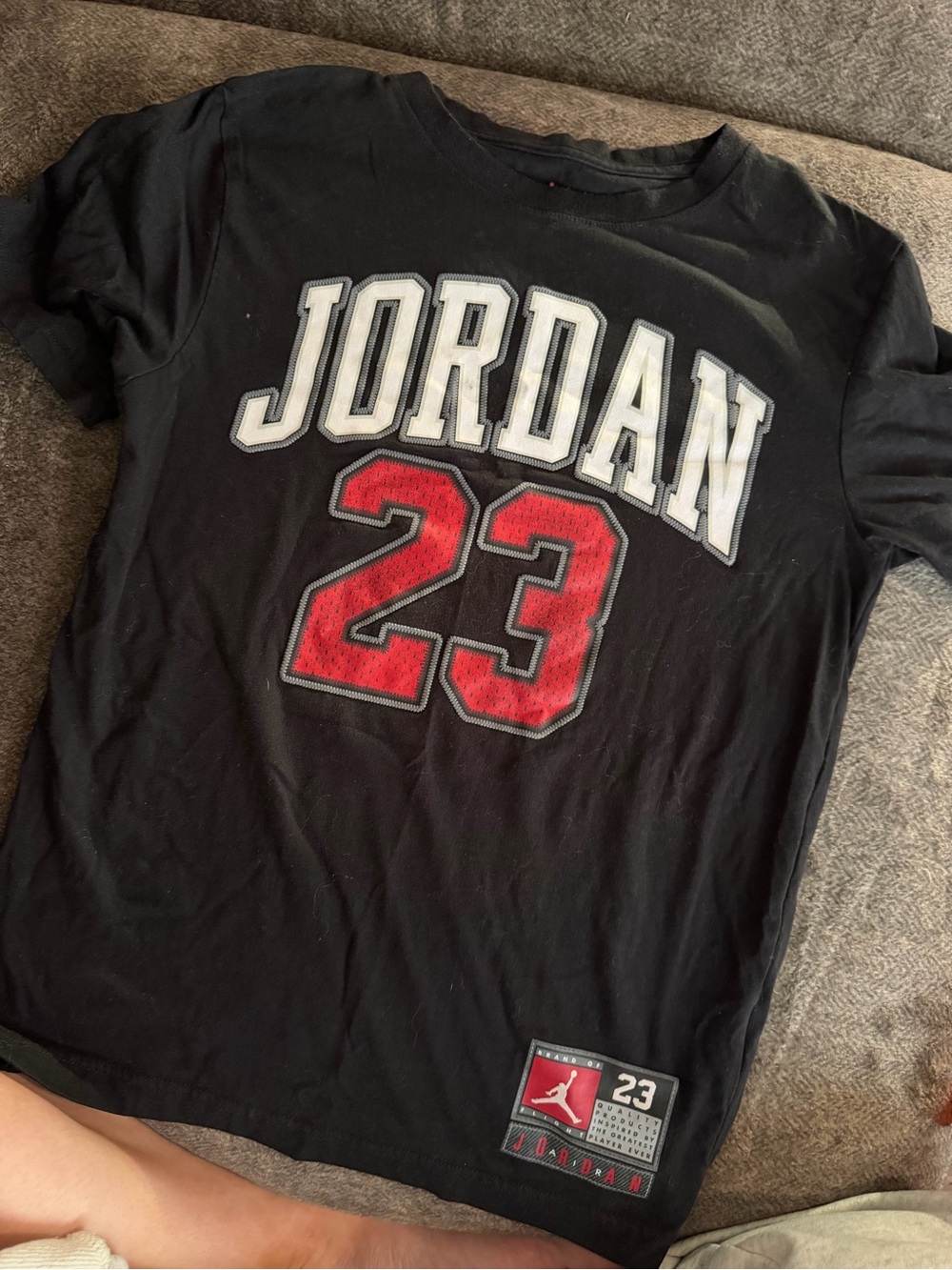 Jordan Black Tee with White Patch Lettering and Red Jumpman